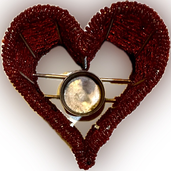 VTG DARK RED BEADED HEART CANDLE HOLDER STURDY METAL ROSE GOLD WIRE FRAME 4.5” - Picture 2 of 11